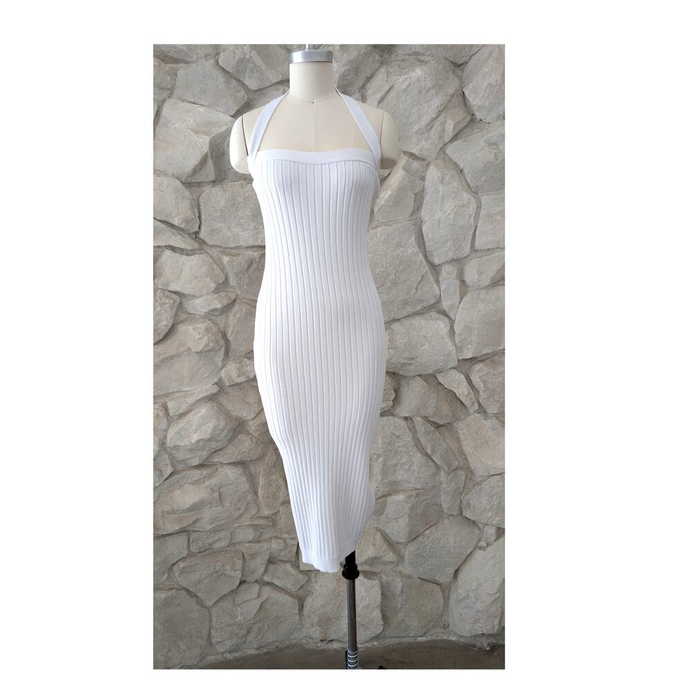 Trois the Label Body Con White Halter Knit Dress